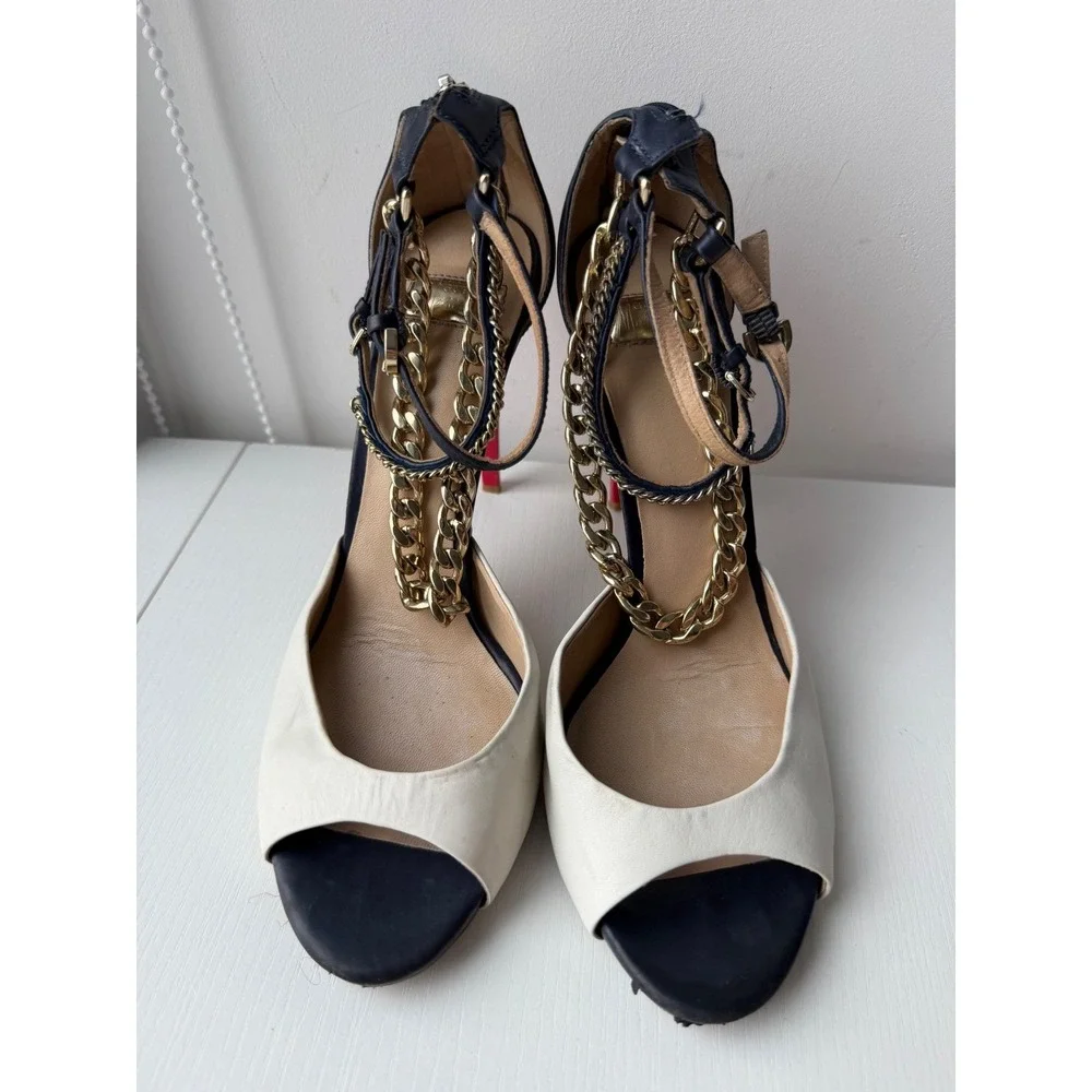GUESS Marciano Chain Heels Leather Peep Toe Pumps Y2K Size 37.5 US 7.5